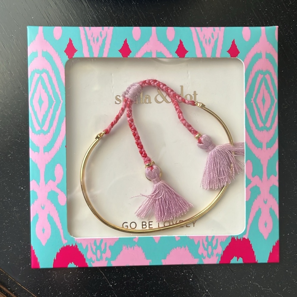 Stella & Dot Fete Gold tone Bangle with Pink Tassels